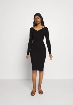 V Ausschnitt Ripp Mini Bodycon Strickkleid - Robe Fourreau - Black