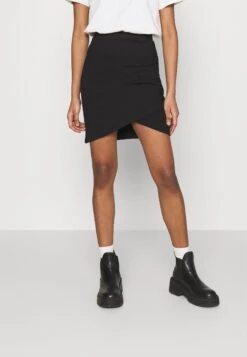 Even&Odd Asymetric Overlap Wrap Mini High Waisted Skirt - Jupe Crayon - Black