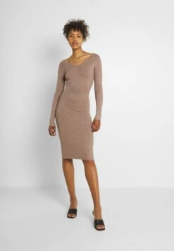 Even&Odd V Ausschnitt Ripp Mini Strickkleid - Robe Fourreau - Taupe